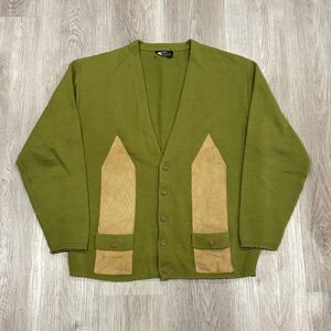 Vintage 60s 70s Puritan Green Tan Sz L Acrylic Knit Cardigan Sweater USA Made